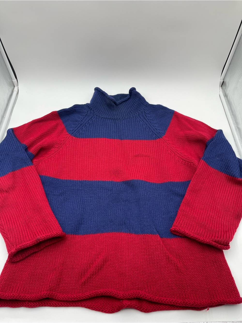 Vtg 90s J. Crew Red Blue Striped Roll Neck Sweater 100% Wool Lightweight Mens L - Picture 4 of 10